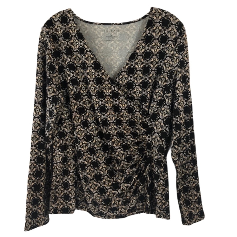 TALBOTS Black Cream Print Top Size Med